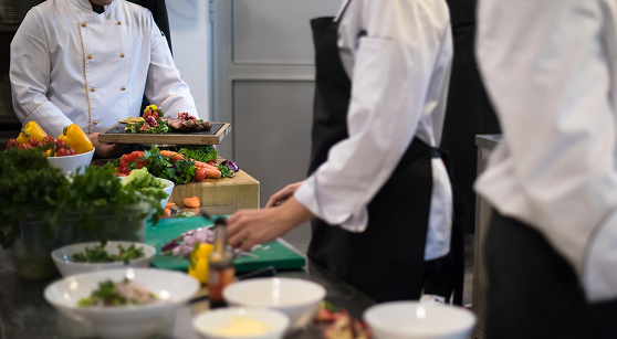 Food preparation in a catering kitchen