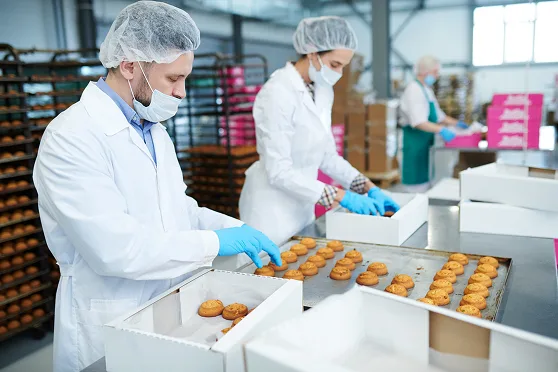 Food production staff wearing protective clothing