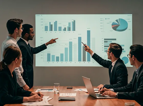 A team reviewing business information